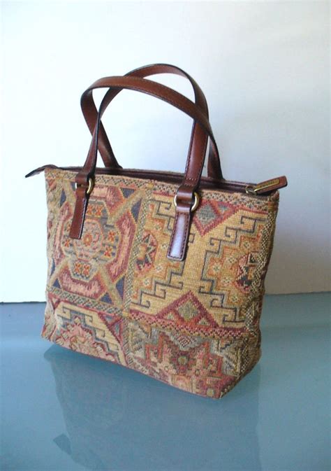 Vintage Fossil Tapestry And Leather Bag Etsy Bags Vintage Purses