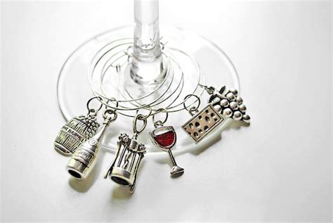 Set Of 6 Wine Charms Wine Themed Glass Charms T Set Etsy