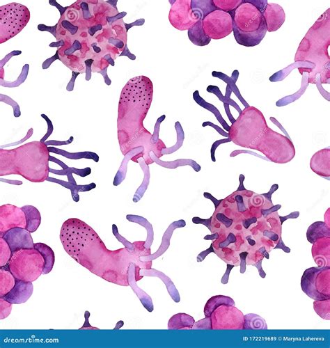 Hand Drawn Watercolor Pink Purple Viruses And Bacteria Seamless Pattern