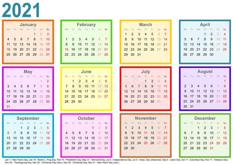 Calendar 2021 For The Usa With Colorful Different Letters In The Left