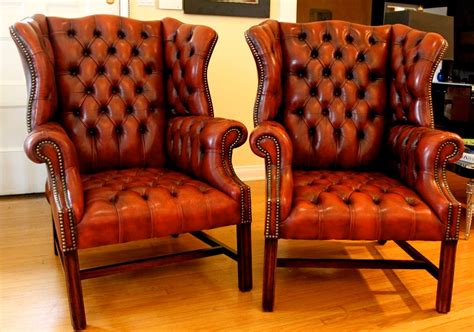 Pair Of Tufted Leather Chesterfield Wingback Armchairs At 1stdibs