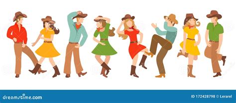 Collection Of Vector Illustrations With Pairs Of Country Dancers