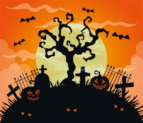 Premium Vector Happy Halloween Illustration With Pumpkins Dry Tree