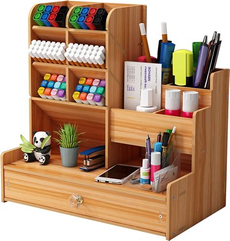 Desk Organiser Wooden Pen Holders Desk Tidy Multi Functional Drawer