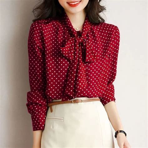 Polka Dot Chiffon Blouse Plus Size Womens Korean Style Lace Up Long Sleeved Shirt Shopee