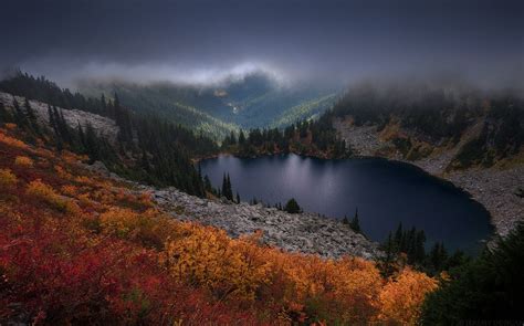 Landscape Nature Fall Colorful Mountains Lake Pine Trees Mist