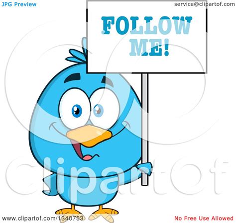 Clipart Of A Cartoon Blue Bird Holding A Follow Me Sign 2 Royalty