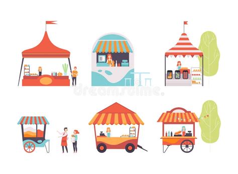 Outdoor Stalls Carts Tents With Seller For Summer Fair Or Street Market Festival Cartoon