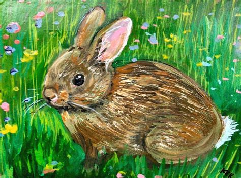 Original Aceo Cottontail Rabbit Painting Brown Bunny Wildlife Flower