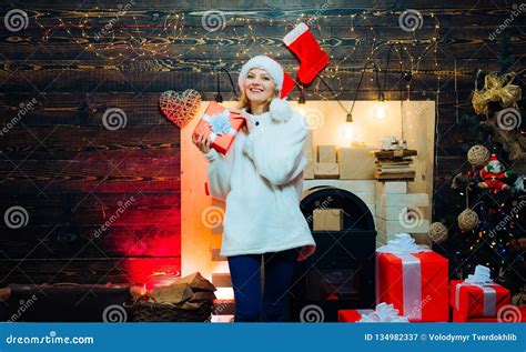 Christmas Interior Funny Girl In Santa Clause Costume Fashion Portrait Of Girl Indoors With