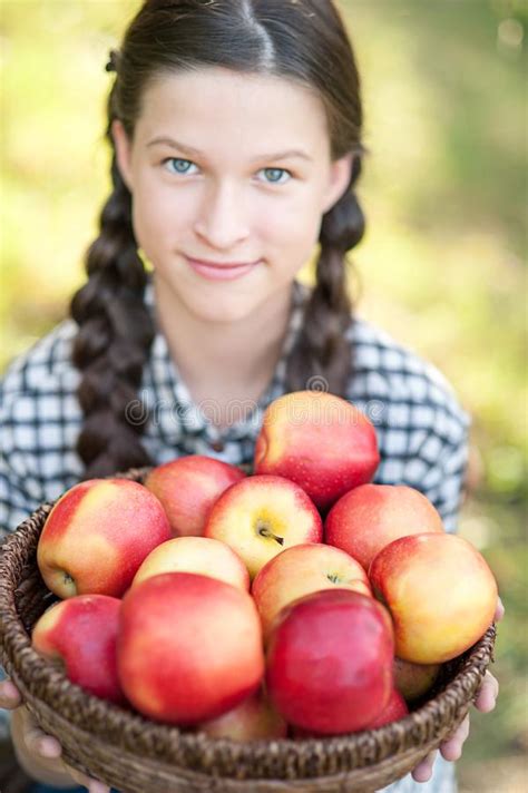 Girl With Apple In The Apple Orchard Stock Image Image Of Farm