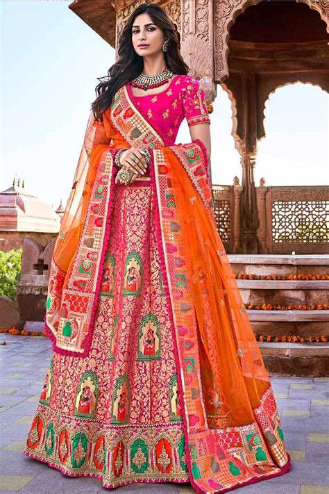 Buy Pink Banarasi Silk Embroidered Lehenga Choli Set Online Like A Diva