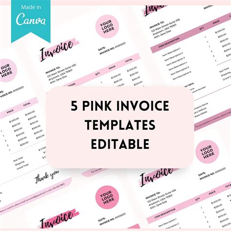 Pink Invoice Templates For Canva Invoice Template For Small Business Canva Editable Invoice