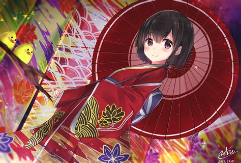 Download 1919x1298 Anime Girl Kimono Smiling Short Hair