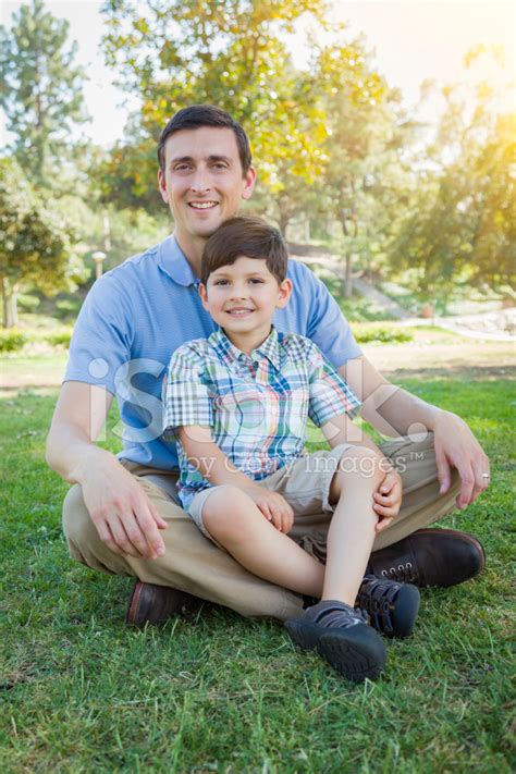 Handsome Mixed Race Father And Son Park Portrait Stock Photo Royalty