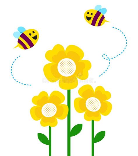 Cute Little Bees Flying Around Flowers Royalty Free Illustration In