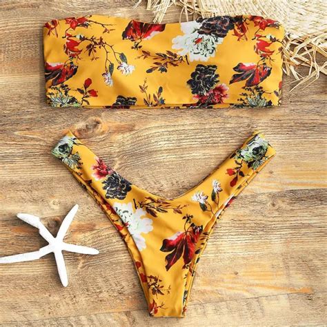 Klv Bikini Mustard Floral Bandeau Thong Bikini Set Padded Women S Swimsuit Two Piece Swimwear