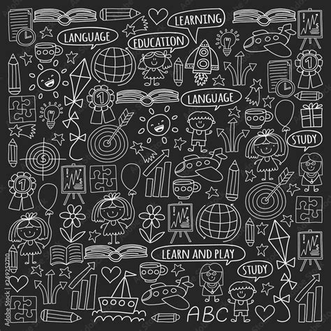 Vector Set Of Learning English Language Childrens Drawing Icons In