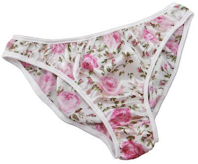 Rose Pink Floral Shiny Satin Panties Low Rise Bikini Briefs Plain