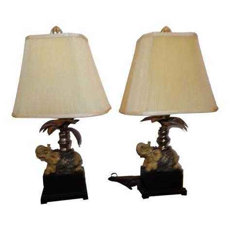 Vintage Elephant And Palm Tree Lamps With Cloth Shades A Pair Chairish