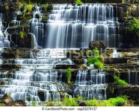 Tropical Rainforest Landscape With Flowing Pongour Waterfall In
