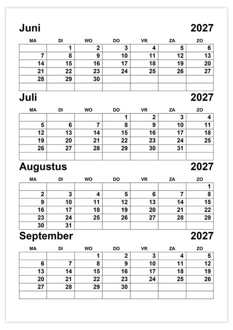 Kalender Juni Juli Augustus September 2027