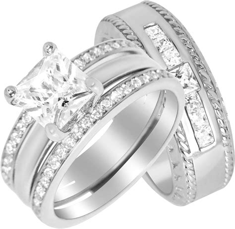 His Hers Wedding Ring Sets Sterling Silver Wedding Bands For Him Her White Amazon Co Uk Jewellery