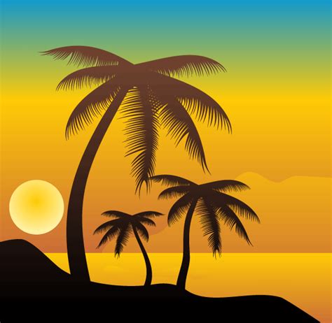 Palm Trees On The Beach Vector Palm Tree Sunset Beach Illustration