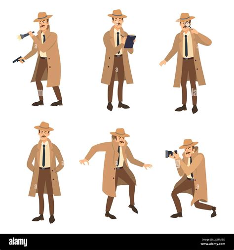 Private Detective With Mustache Vector Illustrations Set Cartoon