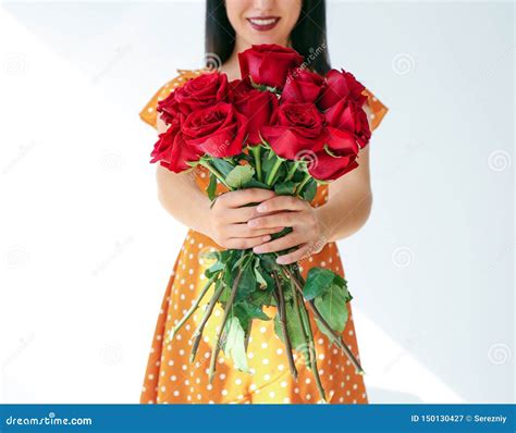 Woman Holding Beautiful Roses On White Background Stock Image Image
