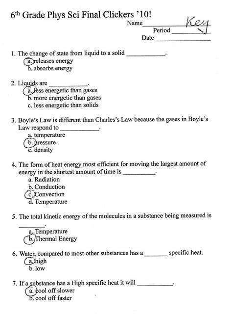 6th Grade Science Worksheet Free With Key
