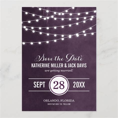 Plum String Lights Save The Date Announcement