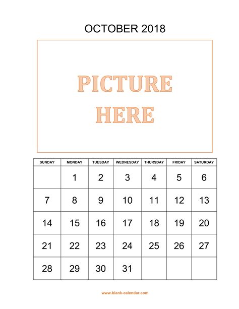 Free Download Printable October 2018 Calendar Pictures Can Be Placed
