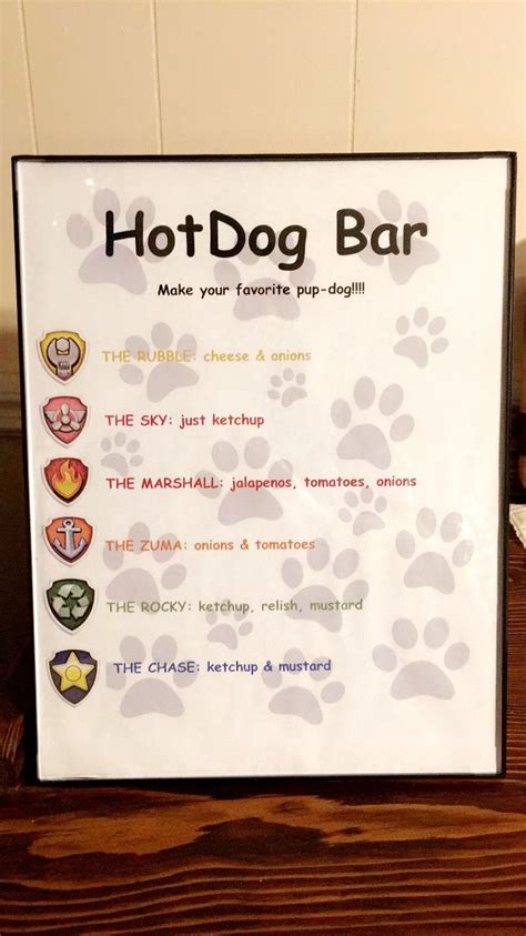 Hot Dog Bar Menu For Paw Patrol Themed Birthday Paw Patrol Birthday
