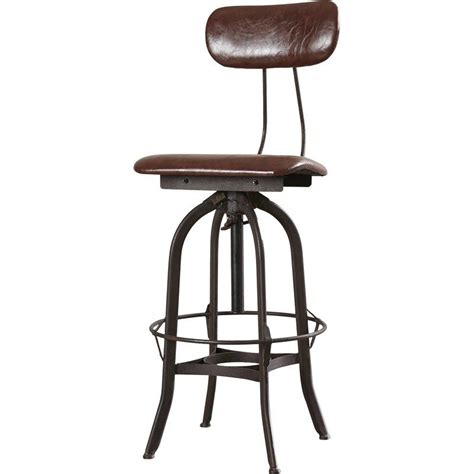 An Old Fashioned Bar Stool With A Brown Leather Seat And Back Rests