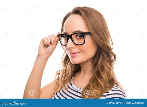 Portrait Of Attractive Brainy Young Woman Touching Her Glasses Stock Image Image Of Leisure