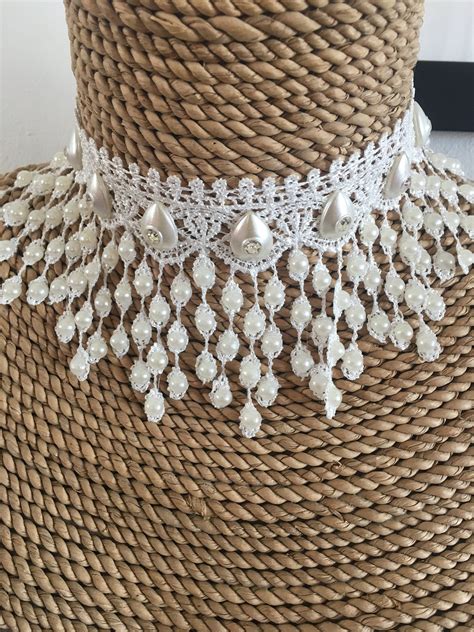 White Wedding Lace Choker Pearl Beaded Necklace Wedding Etsy White