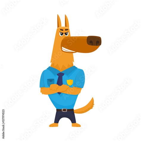 Funny Shepherd Dog Character In Blue Police Uniform Standing With Paws