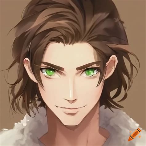 Anime Style Illustration Of A Male With Brown Hair And Green Eyes On