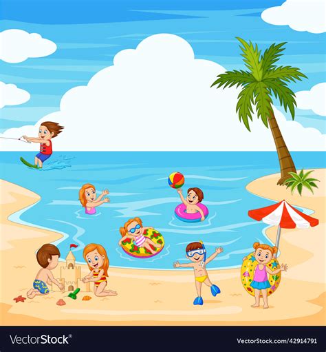 Cartoon Happy Children Playing At The Beach Vector Image
