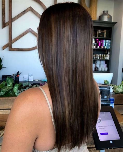 Straight Long Caramel Highlights On Black Hair Brown Bayalage Hair