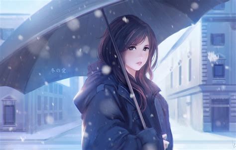 Wallpaper Winter Snow Umbrella Anime Art Girl Vu