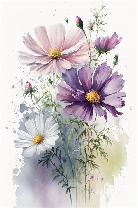 Watercolor Painting Of Purple And White Flowers