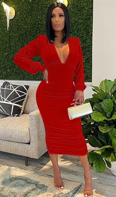 Gobles Womens Sexy Deep V Neck Long Sleeve Ruched Bodycon Midi Party