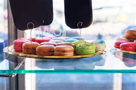 Traditional French Colorful Macaroons In Confectionery Shop Display Of