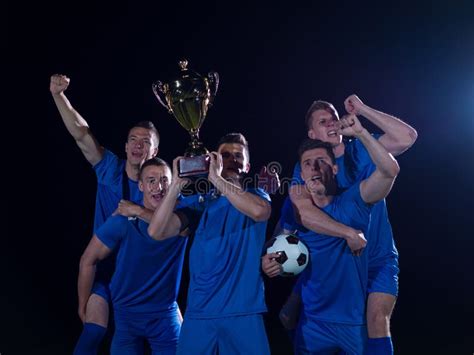 Soccer Players Celebrating Victory Stock Image Image Of Active Blue
