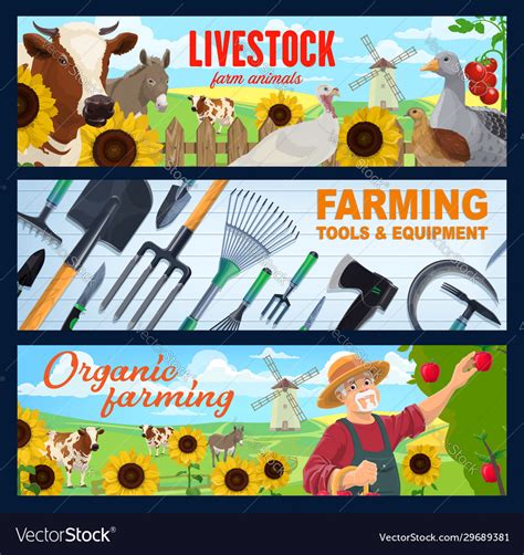 Farmer Farm Animal Tool And Equipment Banners Vector Image