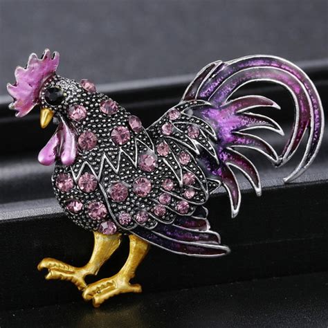 2020 Vintage Rooster Cock Brooch Pins Painted Rhinestone