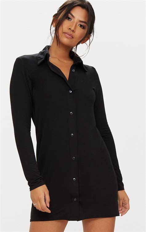 Black Jersey Shirt Dress Dresses Prettylittlething