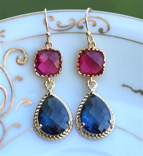 Sapphire Navy Blue Earrings Fuchsia Pink Earrings Gold Two Etsy